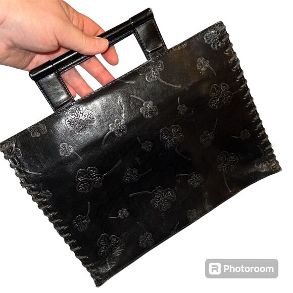 Vintage Mark Chantal MC Unisex Satchel Handbag Four Leaf Clover Design Black - Picture 7 of 16